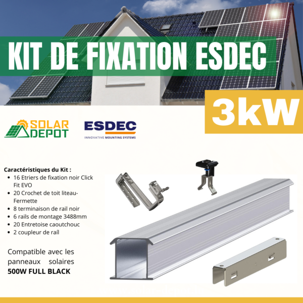 Kit de fixation ESDEC 3kW – 2 rangées de 3 panneaux 500W Full Black – Portrait